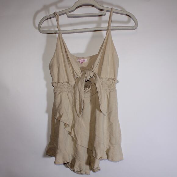 Pink Lily Cream Linen Blend Romper With Ruffles Size M - Picture 1 of 5
